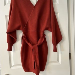 Sweater dress, long sleeve brick color wrap tie
